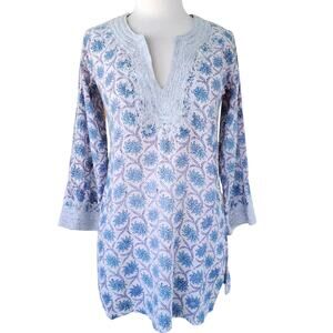 Roberta Roller Rabbit Blue Floral Tunic Kurta Cotton Embroidered XS